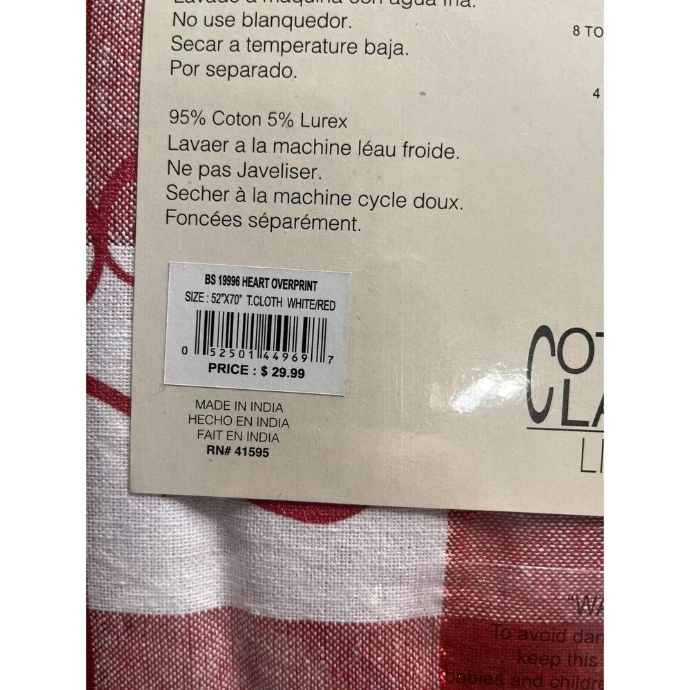 Cottage Classic Linens Red White Plaid Hearts Tablecloth 52”x70” Oblong